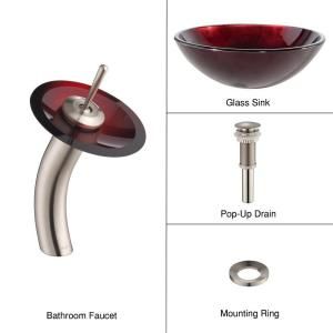KRAUS Glass Bathroom Sink in Irruption Red with Single Hole 1 Handle Low Arc Waterfall Faucet in Satin Nickel C GV 200 12mm 10SN