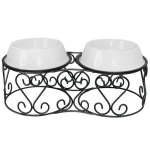 Platinum Pets 4 Cup Wrought Iron Scroll Deluxe Feeder with Embossed Non Tip Bowl in White DLXSCRDDS32WHT