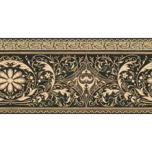 The Wallpaper Company 10.25 in. x 15 ft. Black and Gold Filigree Scroll Border WC1283186