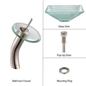 KRAUS Alexandrite Glass Bathroom Sink in Clear with Single Hole 1 Handle Low Arc Waterfall Faucet in Satin Nickel C GVS 910 15mm 10SN