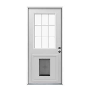 JELD WEN 9 Lite Primed White Steel Entry Door with Large Pet Door THDJW203900007