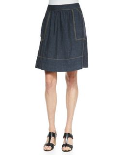 Womens Linen Knee Length Skirt, Denim   Eileen Fisher