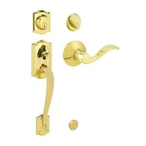 Schlage Single Cylinder Camelot Bright Brass Handleset with Accent Lever F360 V CAM 505 ACC 605