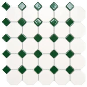 Merola Tile Metro Octagon Matte White with Green 11 1/2 in. x 11 1/2 in. x 5mm Porcelain Mosaic Floor and Wall Tile (9.2 sq.ft./ca.) FXLMOWGN