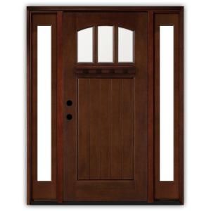 Craftsman 3 Lite Arch Stained Mahogany Wood Right Hand Entry Door with 10 in. Sidelites and 6 in. Wall M4151 6011 10 6RH