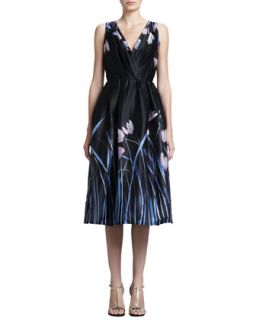 Womens Tulip Print Satin Faced Organza Cocktail Dress with Pleated Wrap Front,