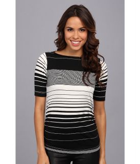 Nally & Millie Striped Half Sleeve Ruched Tee Womens Short Sleeve Pullover (Black)