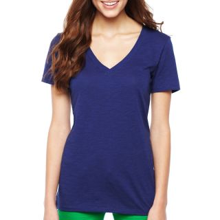 ARIZONA Short Sleeve V Neck Tee, Blue, Womens