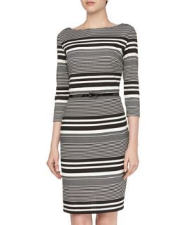 Mix Stripe 3/4 Sleeve Belted Pique Dress, Black/White
