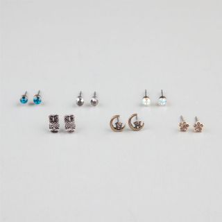 6 Pairs Owl/Moon/Flower Stud Earrings Silver One Size For Women 242286