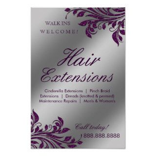 Hair Salon Poster Silver Purple Leaves Sparkle