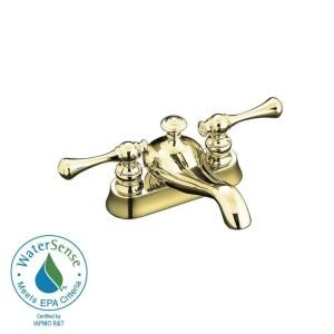 KOHLER Revival 4 in. 2 Handle Low Arc Bathroom Faucet in Vibrant Polished Brass with Traditional Lever Handle K 16100 4A PB