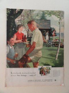 America's Beverage of Moderation. 1952 full page print advertisement. ("Saturday afternoon on the lake front."art by Douglass Crockwell.number 69 in the series "home life in america")original vintage magazine Print Art.  Everything