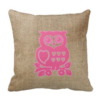 Funny Cute girly retro pink Owl heart  jute photo Throw Pillows