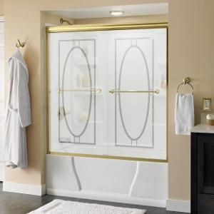 Delta Crestfield 59 3/8 in. x 56 1/2 in. Sliding Bypass Tub Door in Polished Brass with Frameless Varini Glass 159295