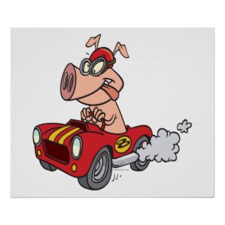 hot rod hog pig racing in car cartoon posters