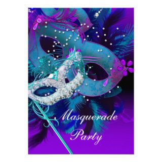 Masquerade Ball Party Teal Blue Purple Masks Personalized Invitations