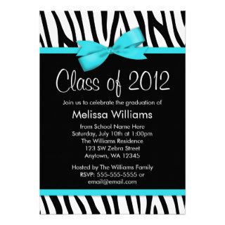 Zebra Teal Blue Printed Bow Graduation Party Custom Invitation