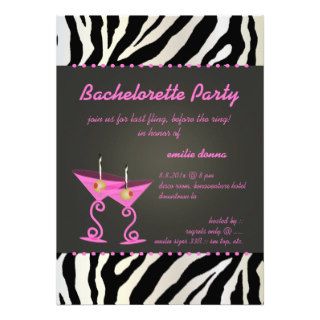 Zebra/pink martini Bachelorette Party Custom Invites