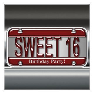 Red License Plate Sweet Sixteen Party Invitations