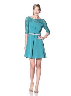 Jessica Simpson Women's Pleated V back Illusion Belted Dress