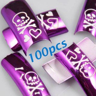 100 Purple White Metallic Mirror Skull Hearts Style French False Nail Art Tips  Beauty