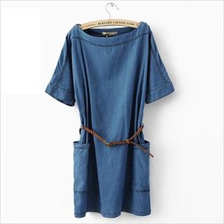Womens Round Neck Short Sleeves Plus Size Denim Pockets Casual Dress with Belt