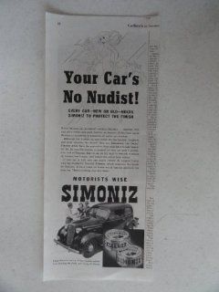 Simoniz. Vintage 30's print ad. black and white Illustration (your car's no nudist) Original vintage 1936 Collier's Magazine Print Art.  