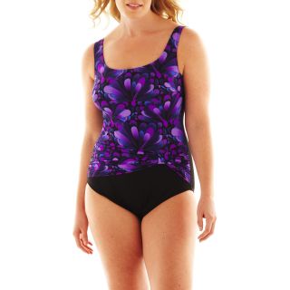Robby Len By Longitude Print Front Sash 1 Piece Swimsuit   Plus, Purple, Womens