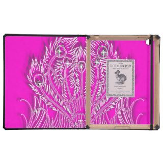 Bling, White Diamond Peacock on Hot Pink iPad Folio Cases