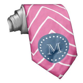 Navy Blue, Hot Pink Chevron Pattern, Your Monogram Tie