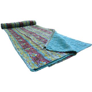 Handmade Patchwork Vintage Sari Blue Quilt (India) Quilts