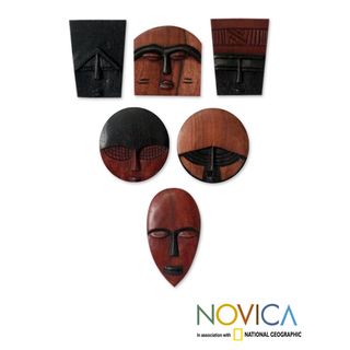 Set of 6 Handcrafted Guarea Wood 'African Masks' Ornaments (Ghana) Novica Seasonal Decor
