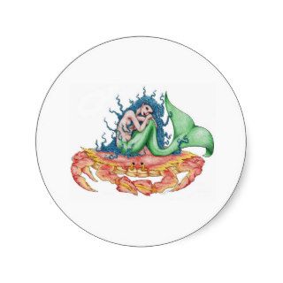 Mermaid Sitting on Dungeness Crab Fantasy Art Stickers