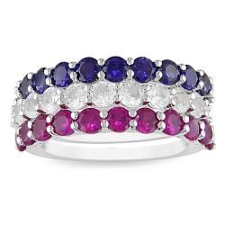 Miadora Sterling Silver Created Ruby, White and Blue Sapphire 3 piece Stackable Ring Set Miadora Gemstone Rings