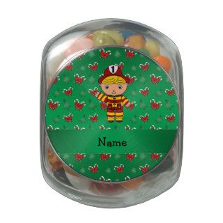 Personalized name fireman green candy canes bows glass candy jars