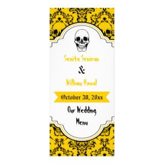 Skulls damask black, yellow wedding menu card