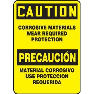 Accuform Signs SBMCHL610VA Aluminum Spanish Bilingual Sign, Legend "CAUTION CORROSIVE MATERIALS WEAR REQUIRED PROTECTION/PRECAUCION MATERIAL CORROSIVO USE PROTECCION REQUERIDA", 14" Length x 10" Width x 0.040" Thickness, Black on Y