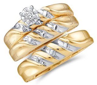 Diamond Engagement Rings Set Wedding Yellow Gold Men Ladies .07 carat Jewelry