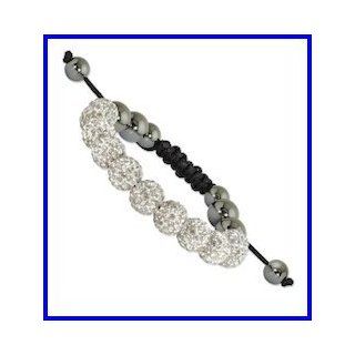 Crystal LUXURY SHAMBALLA Bracelet. 10 mm White Crystal and Hematite Beads Black Cord Brace  Other Products  