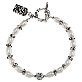 Charming Life Pewter FW Pearl and Flower Spacer Bracelet (7 8 mm) Charming Life Pearl Bracelets
