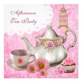 Afternoon Tea Party Cupcake Pink Floral Teapot Invites
