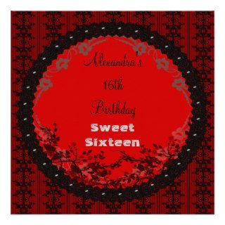Sweet Sixteen Black Lace Floral Frame Red Custom Announcement