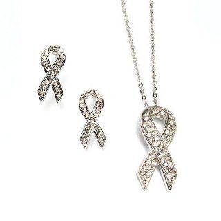 Silver Rhinestone Breast Cancer Awareness Ribbon Pendant Necklace Set Jewelry