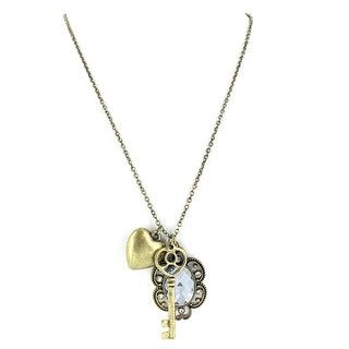 Goldtone Heart, Key and Mirrored Crystal Pendant Necklace West Coast Jewelry Fashion Necklaces