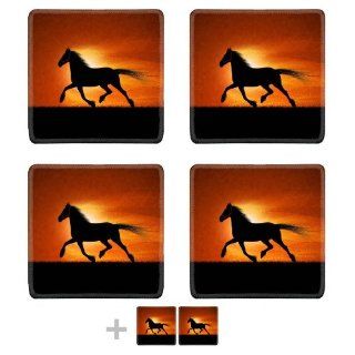 Horse Sillouhette Gallopping Through Field Square Coaster (6 Piece) Set Fabric Rubber 5 1/8 Inch (130mm) Size Coaster Cup Mug Can Water Bottle Drink Coasters Stain Resistance Collector Kit Kitchen Table Top Desk Kitchen & Dining