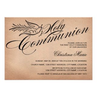 Vintage Script Dove and Cross First Holy Communion Custom Invitations