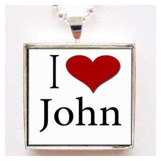 I Love Heart John Glass Tile Pendant Necklace with Chain Jewelry