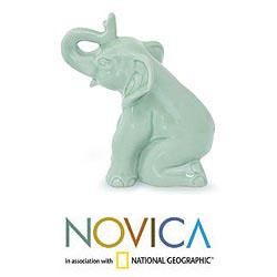 Celadon Ceramic 'Green Elephant Welcome' Sculpture (Thailand) Novica Statues & Sculptures