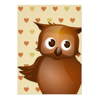 Cute Owl on Beige Heart Pattern Background Invitation